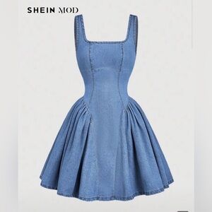 SHEIN MOD Women's Square Neck Sleeveless Pleated Denim Shift Dress - medium